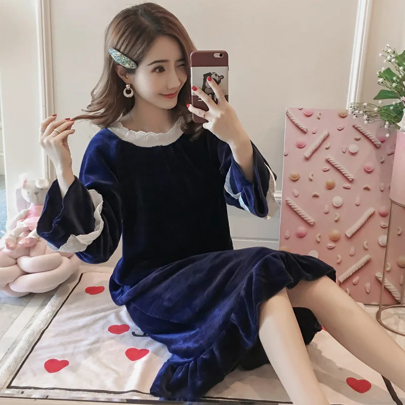 

144 # Winter Korean-style Flannel Nightgown Women's Long Pajamas Women's Coral Velvet GIRL'S M -Xl