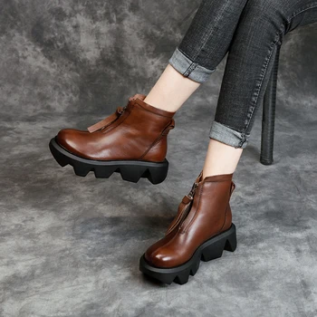 

2021 Natural Genuine Leather Women Ankle Boots Retro Autumn Winter Thick Square Heels Cross Tied Zip Short Ladies Boots Shoes