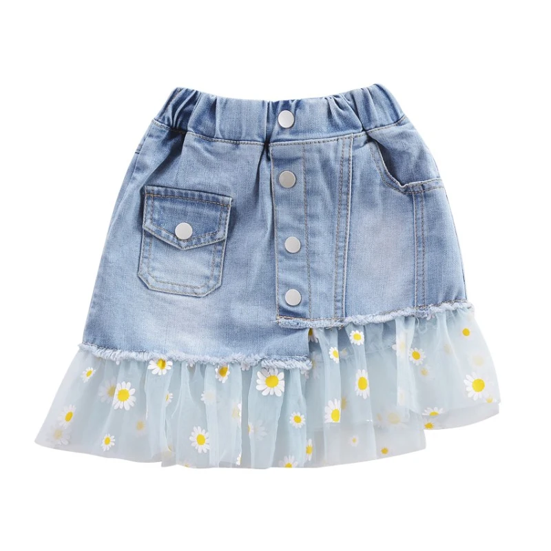 Girls Jean Skirts Holes with Tulle Mesh Flower Baby Girl Denim Skirts