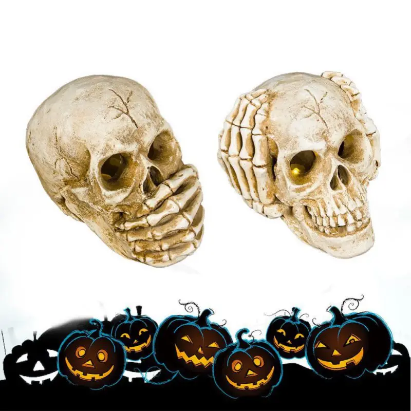 

Hear/Speak No Evil Skull Figurines With LED Lighted Eye Halloween Home Decoration Resin Craftstriple Ornament