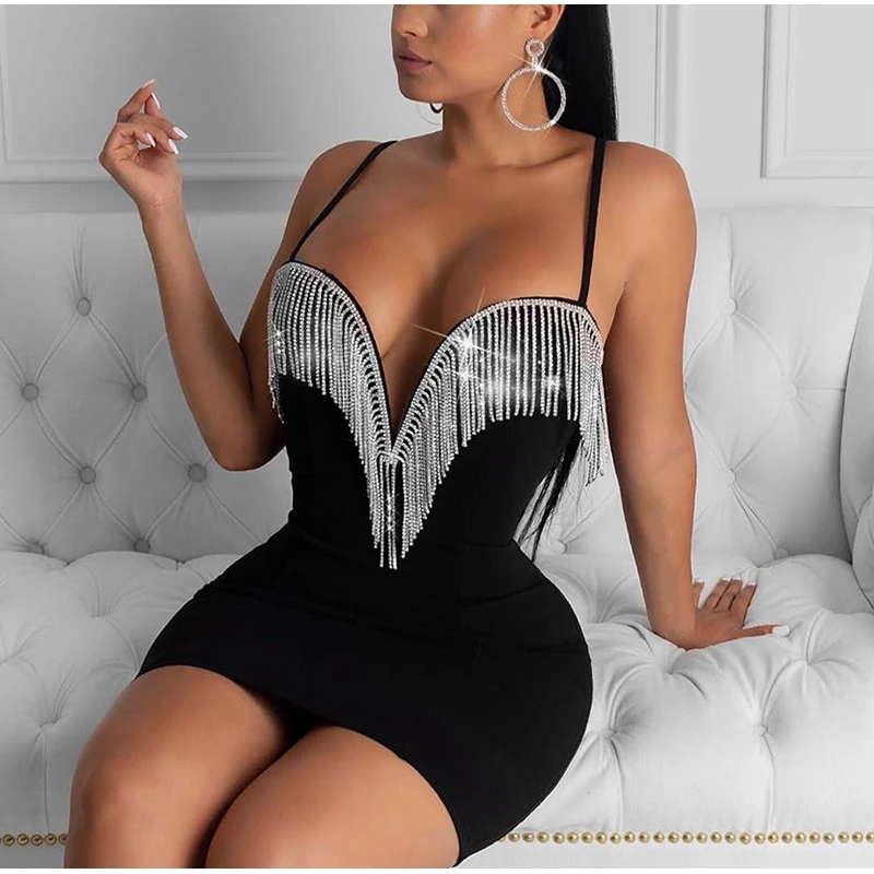 Tassel Sequin Dress Women Diamond Fringe Deep V-neck Underwired Sexy Dresses Woman Party Night Club Bodyocn Dress White