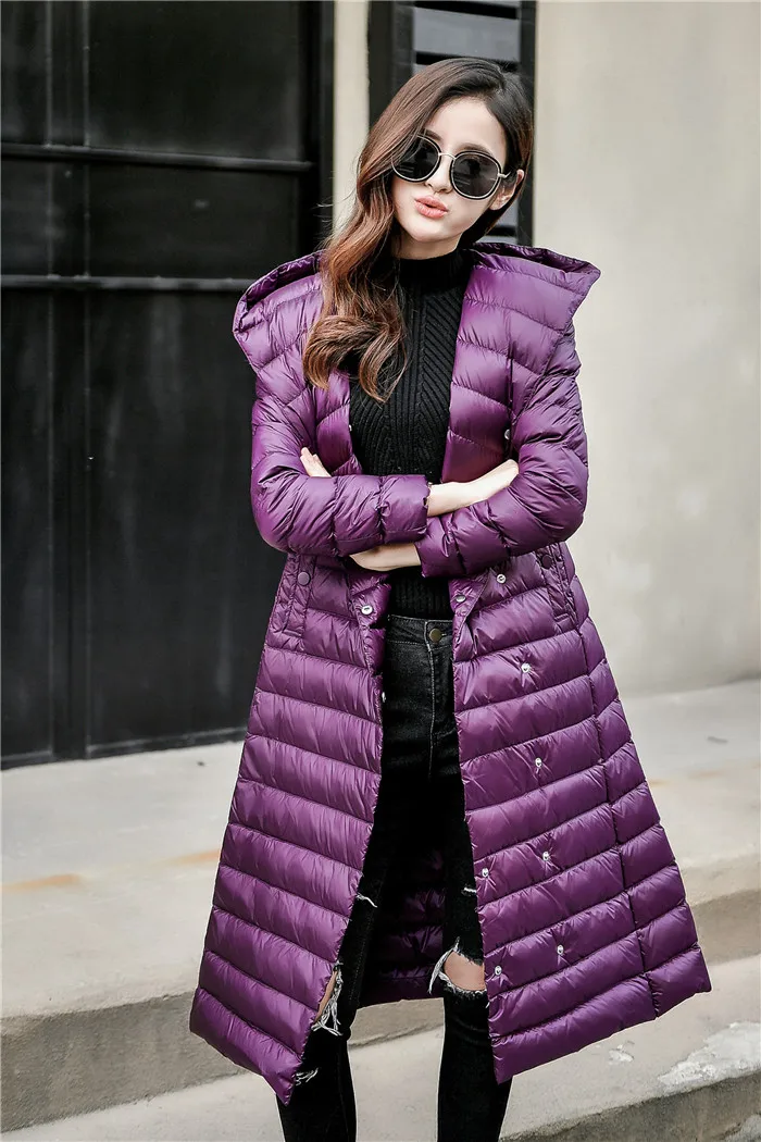 Длинная женская куртка-пуховик на утином пуху, зимнее пальто для женщин, перо, теплая тонкая ветровка, женская верхняя одежда с капюшоном