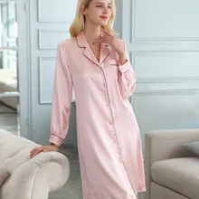 Женская роскошная шелковая ночная рубашка из шелка с длинным рукавом розового цвета