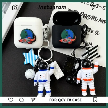 

Cute Cover for QCY T8 Case Bluetooth Earphone Protect Cover Accessories Shockproof Portable FingerRing Cartoon Space Man Keyring