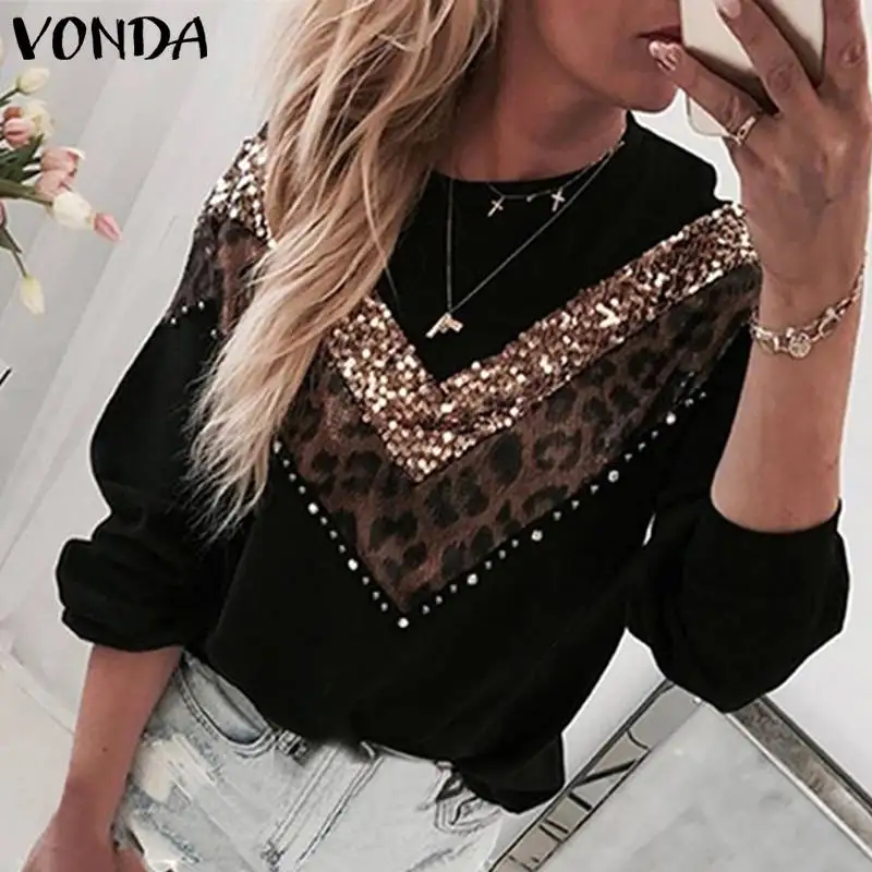 VONDA Vintage Sweaters Plus Size Women Leopard Patchwork Blouses Casual Knitwear Long Sleeve Round Neck Knitted Sweater S-5XL