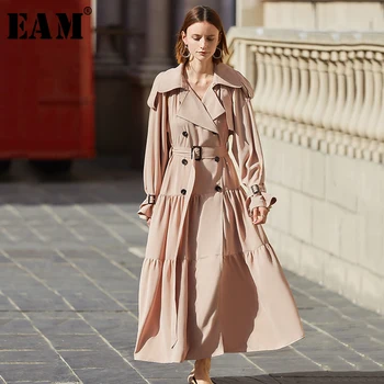 

[EAM] Women Double Breasted Pleated Temperament Dress New Lapel Long Sleeve Loose Fit Fashion Tide Spring Autumn 2020 1S069