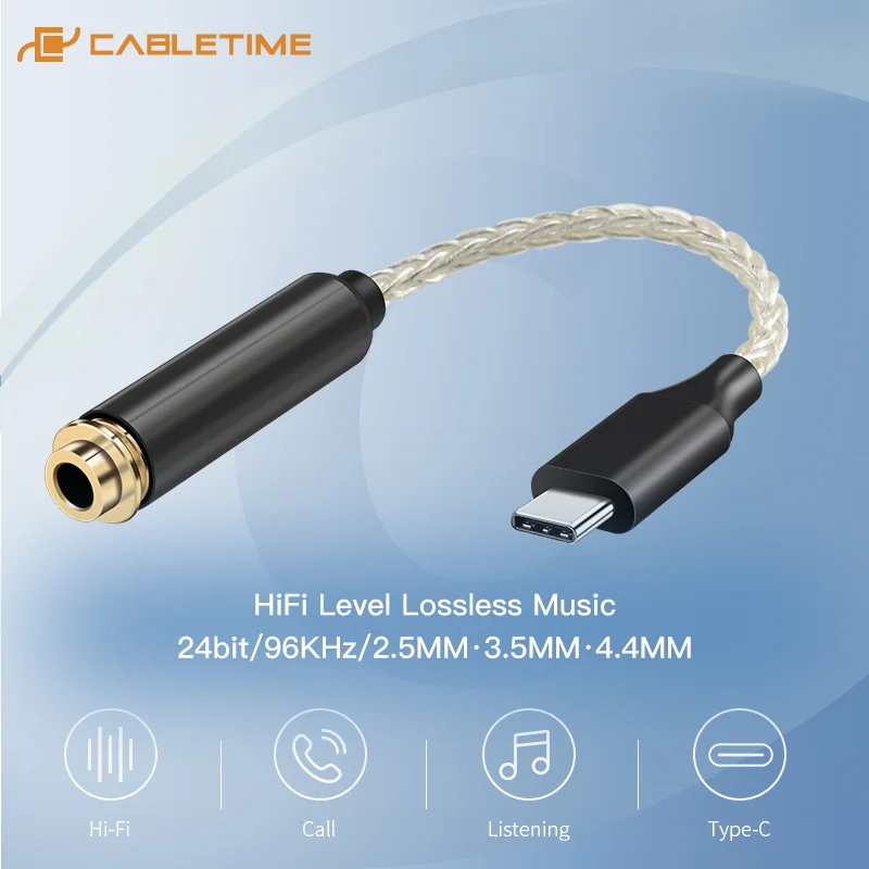 Обновленный кабель CABLETIME HIFI медный переходник с Type C на AUX 3 5/4 4/мм аудиоадаптер DAC
