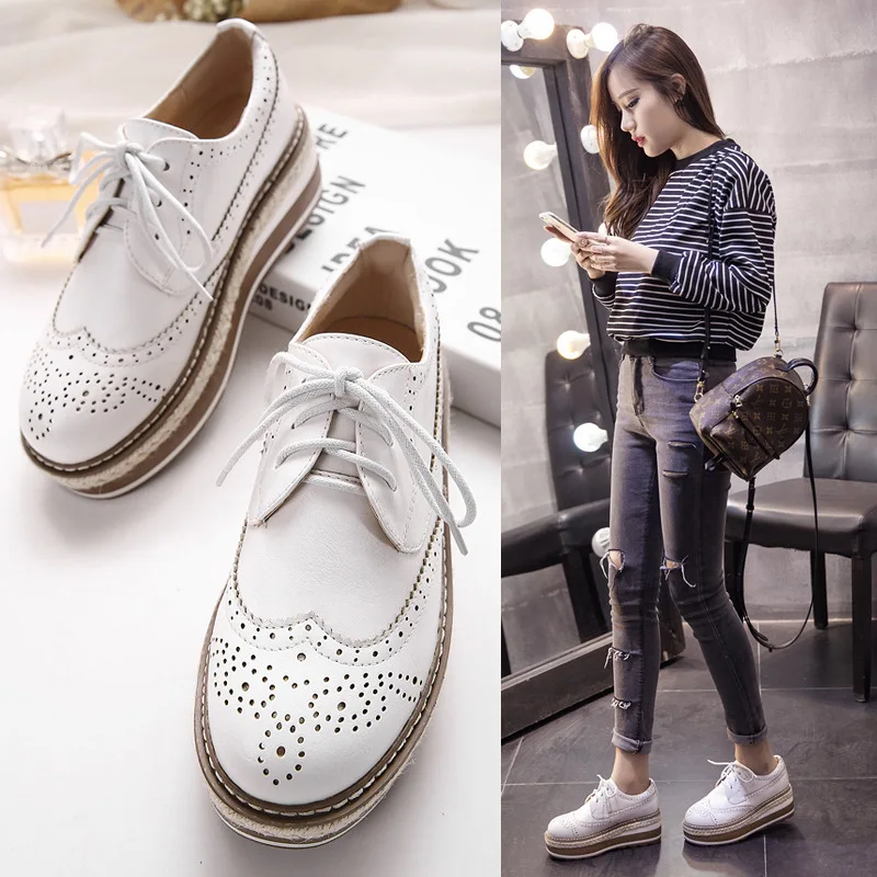 

2019 Spring New Style round-Toe Thick Bottomed White Shoes British Style Platform Shoes Flat Retro Tassels Shoes Casual Shoes