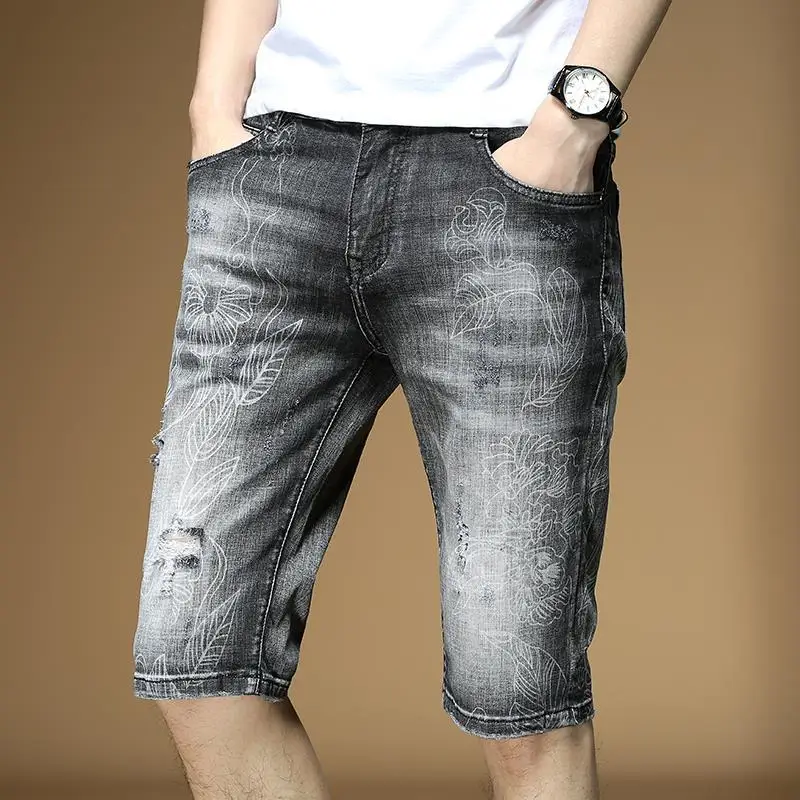 

Summer thin denim shorts men's self-cultivation feet stretch five-point pants tide pants embroidery printed pantsuser jeans