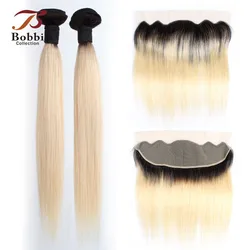 2/3 Bundles With 13x4 Lace Frontal 10-30 inch Dark Root Platinum Blonde 1B 613 Remy Straight Human Hair Weave BOBBI COLLECTION