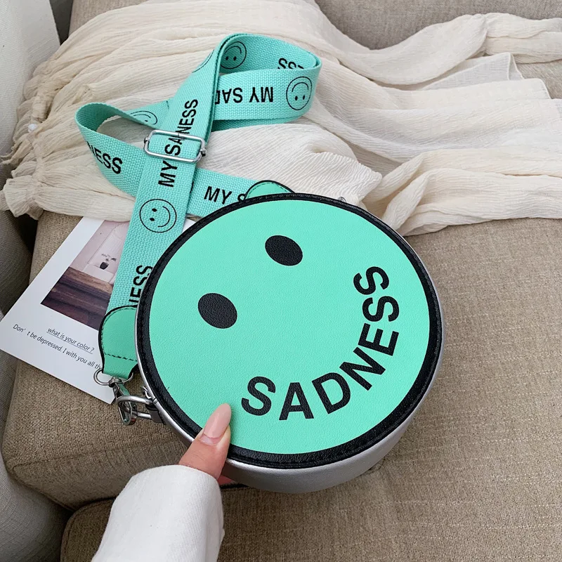 

face 100 small bag cartoon wide shoulder belt women's bag new 2019 texture small round bag single shoulder oblique satchel bag