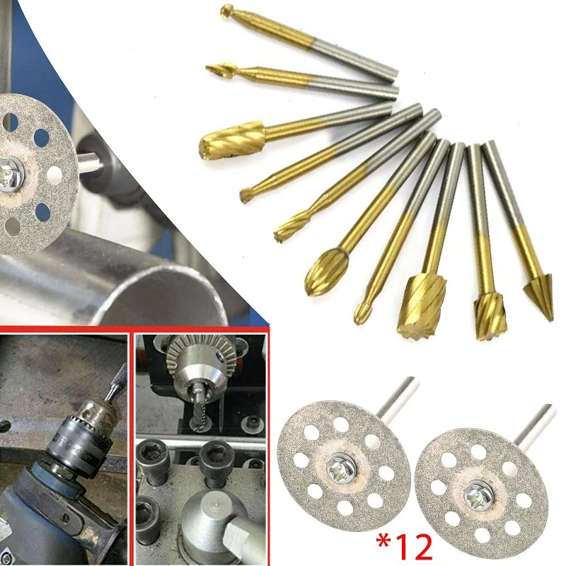 10*Burr Bit 12*Cutting Wheels Tungsten Carbide Metal Cutting Carving Grinding Cutter Burrs Tool Set Silver+Gold