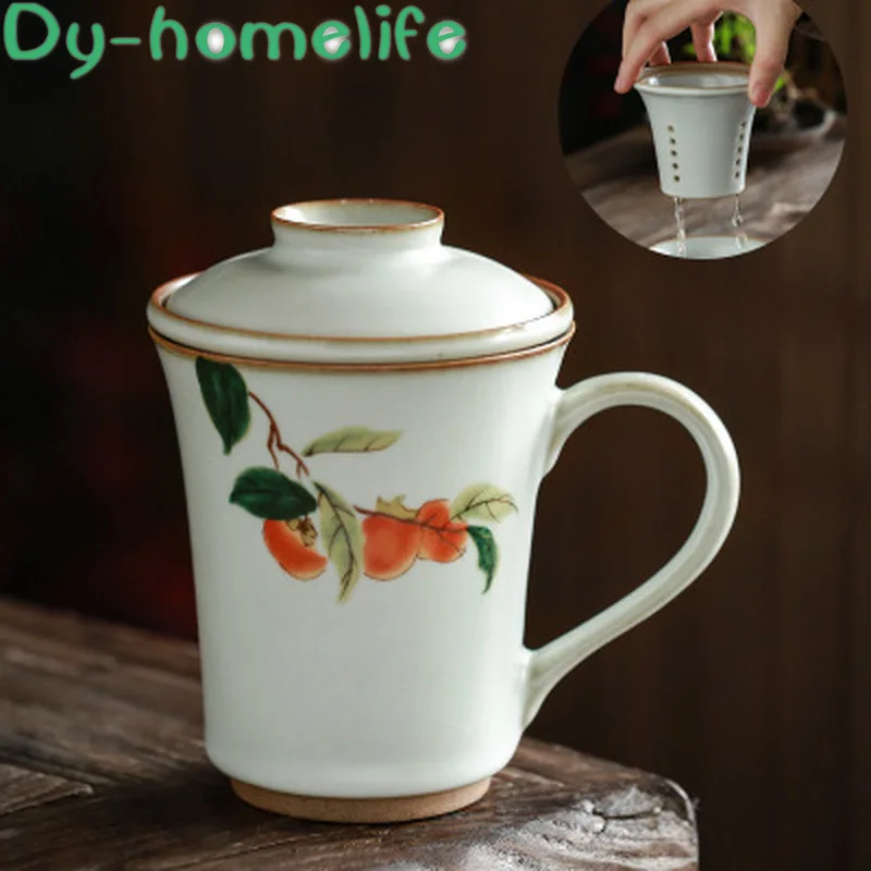 

Japanese Creative Hand-painted Persimmon with Tea Filter Ceramic Mug Chinese Style Ru Kiln with Lid Tea Cup Office Portable