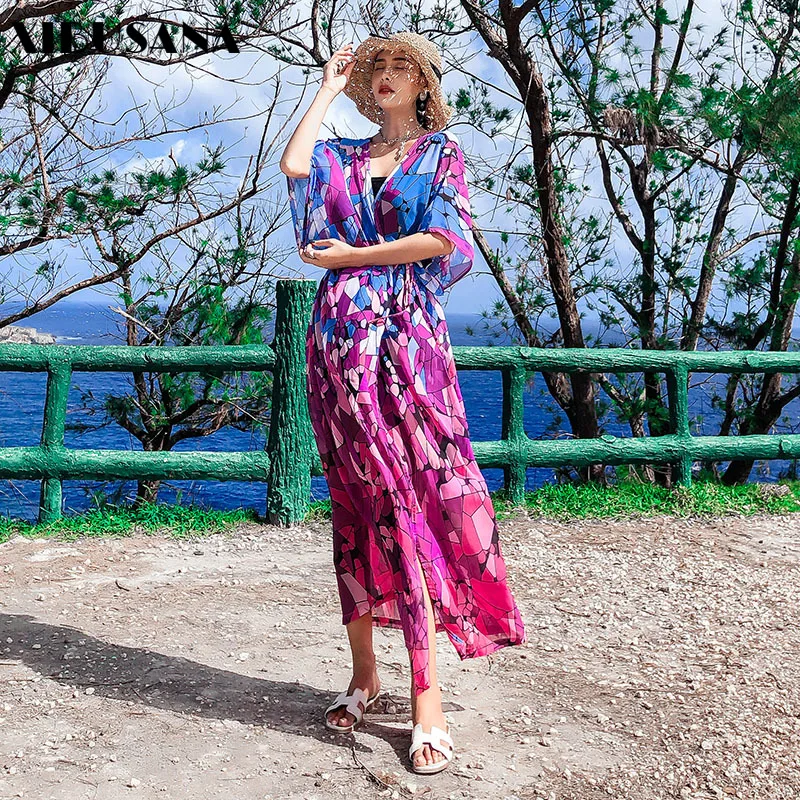 

XIBUSANA Long Chiffon Color Geometric Coat Ladie Loose Bandage Thin Shawl Seaside Beach Sunscreen Clothing Cardigan Loose V-neck