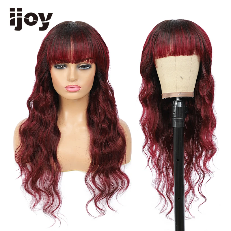 

Human Hair Wig With Bangs Body Wave Hair Colored Ombre 99J Maroon Red Brazilian Hair Full Machine Wigs For Women Non-Remy IJOY