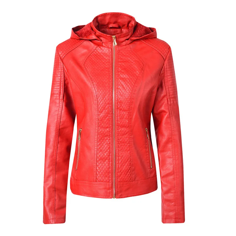 Осенне-зимнее кожаное пальто из искусственной кожи, Женская мотоциклетная куртка из искусственной кожи, красная куртка из искусственной кожи с капюшоном, Женская Байкерская верхняя одежда, пальто цвета хаки - Цвет: red