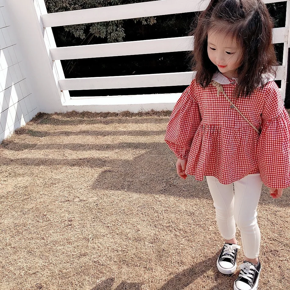 Yu. Kids Girls Autumn Korean-style Peter Pan Collar Plaid Shirt Baby Lantern Sleeve Western Style GIRL'S Shirt