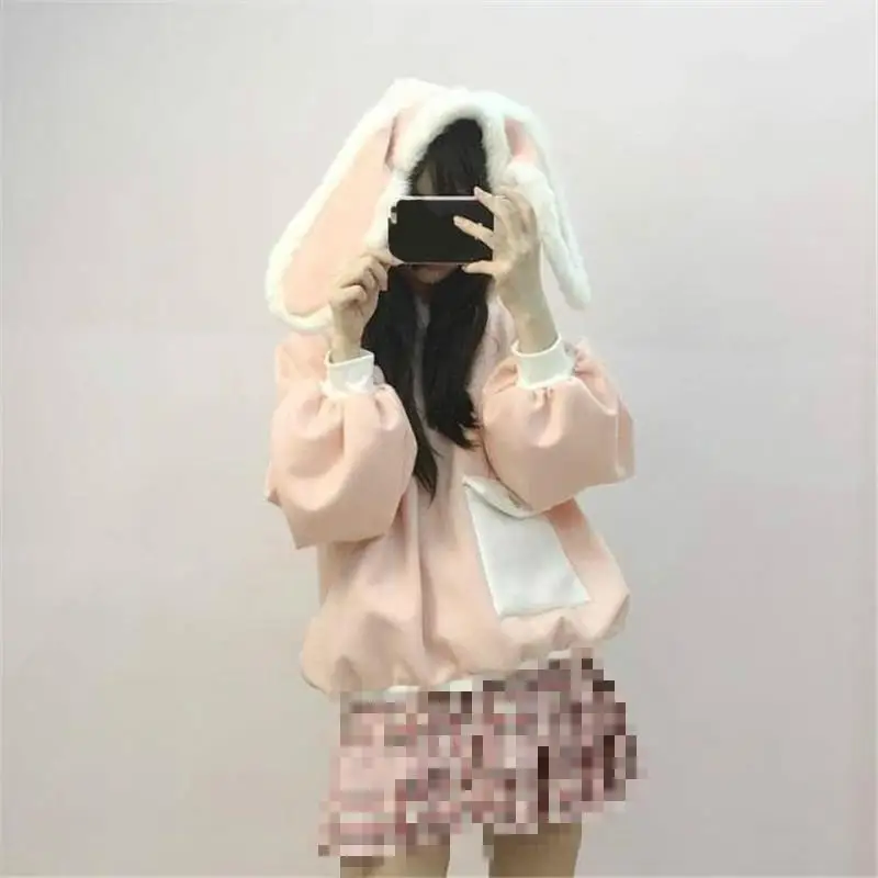 Милый кролик, женские толстовки, японский Harajuku, зимняя женская толстовка, свободная, Kawaii, верхняя одежда, свитшоты, Повседневная Толстовка
