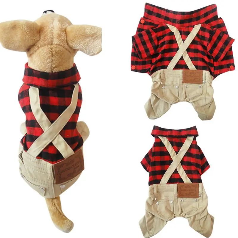 Handsome Dog Jumpsuits British Style Pet Dog Rompers Cloth Winter and Autumn Costume Plaid Shirt Jeans Cloth Pet Dog Supplies CM