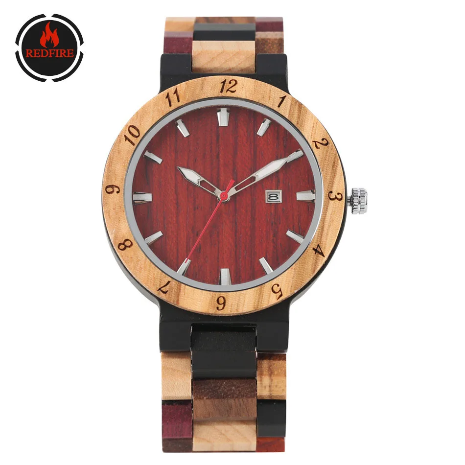 

REDFIRE Auto-Date Calendar Display Full Wood Men's Watch Creative Multi-Color Design Watch Band Folding Clasp Mens Watches