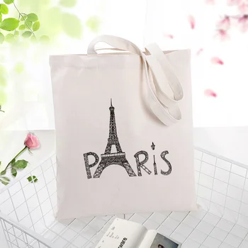 

Paris Pattern Canvas Tote Bag Handbag Daily Use Text DIY Custom Print Logo Eco Reusable Shopping Bag Recycle