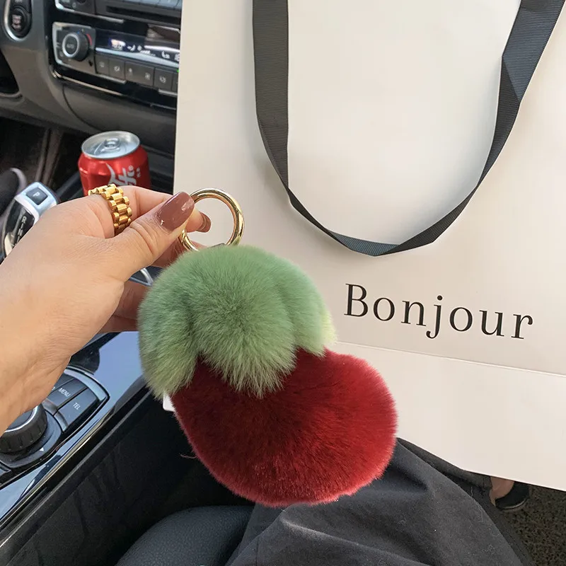 12cm Real Rex Rabbit Fur Keychain Pompom Ball Cute little eggplant Fluffy Keyring Handbag Car Pendant Metal Ring Gift | Украшения и