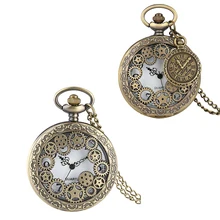 Новое прибытие полые колеса бронзовые кварцевые карманные часы ожерелье часы Прямая поставка