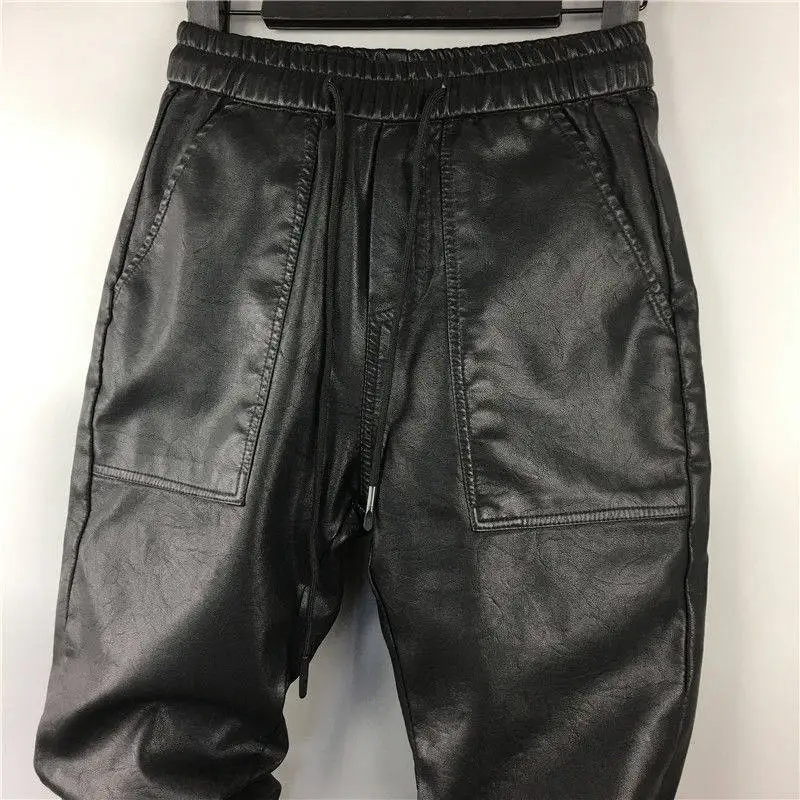 Idopy Men's Winter Faux Leather Harem Pants Elastic Waist Drawstring PU Joggings Trousers For Male men jogger pants men harem pants men jogger sweatpants