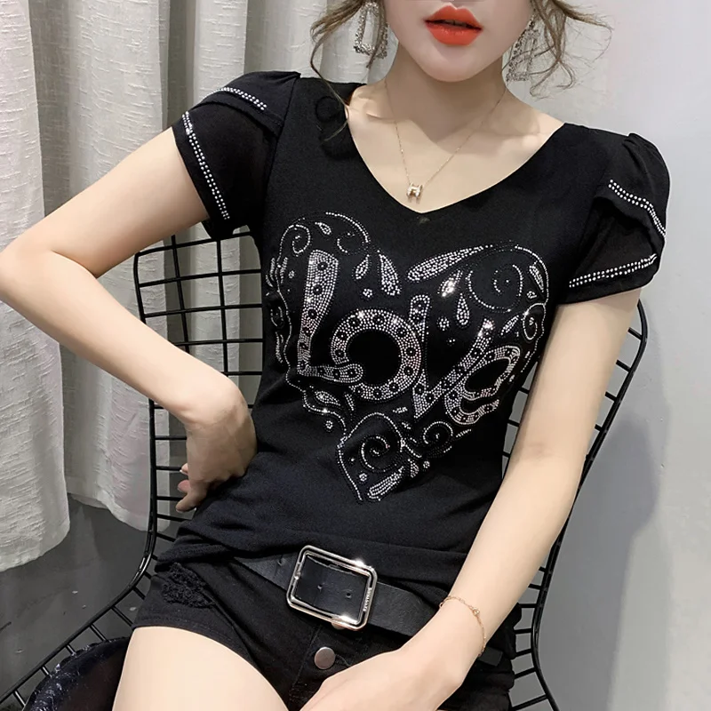 #7141 Spliced Mesh Backless Sexy Short Sleeve T Shirt Women V-Neck Womens Tshirt With Diamonds Basic T-shirt Femme Black Blue