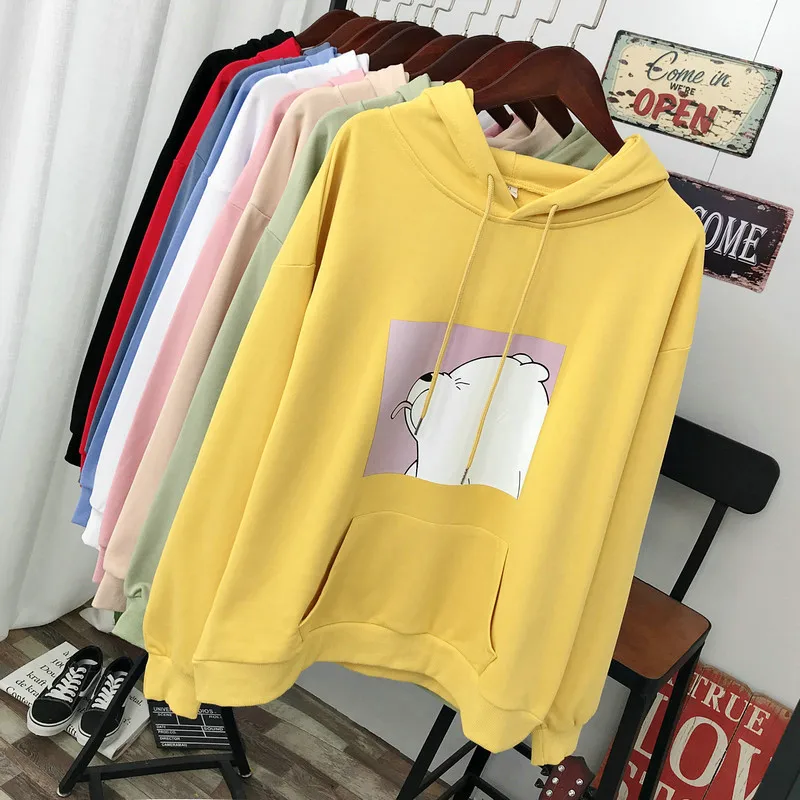 Yellow Hirsionsan зимняя Толстовка свитер Женская рисунок с милым медведем хлопок мультфильм карман базовый пуловер оверсайз с Капюшоном Повседневный джемпер - Цвет: Yellow