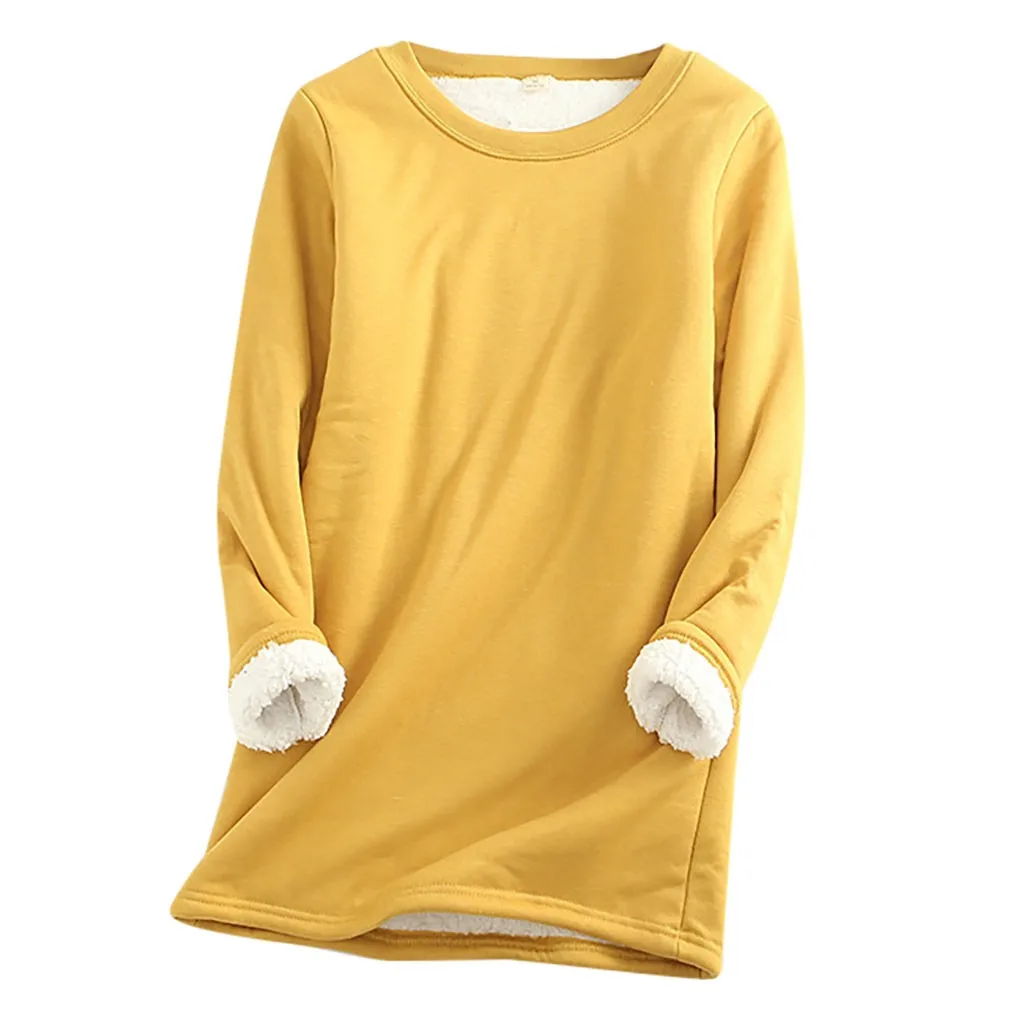 Женские зимние топы с круглым вырезом и длинным рукавом, Женская Осенняя зимняя свободная утолщенная бархатная теплая приталенная рубашка размера плюс - Цвет: Yellow