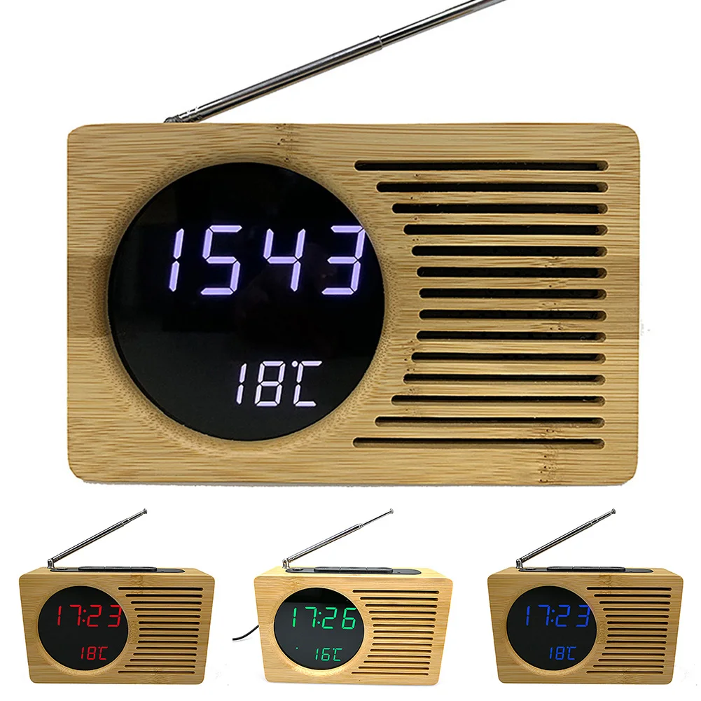 Temperature Display Desk Sounds Control LED Digital Bamboo Alarm Clock Home Silent Vintage Radio Bedside Decorative Travel