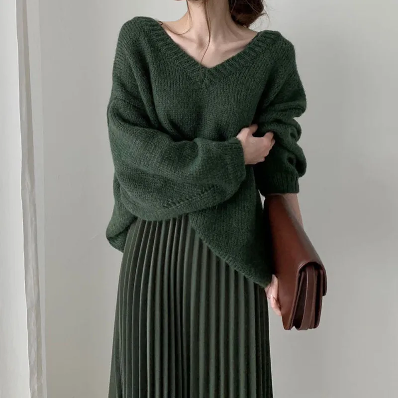 

Comelsexy New Arrival Autumn Winter Elegant V-neck Sweater OL Vintage Solid Pullovers Loose Knitted Sweaters Woman Clothes