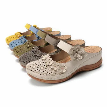 

Loozykit Fashion Women's Sandals 2019 Summer Handmade Ladies Shoes Leather Floral Sandals Women Flats Retro Style Shoes Women