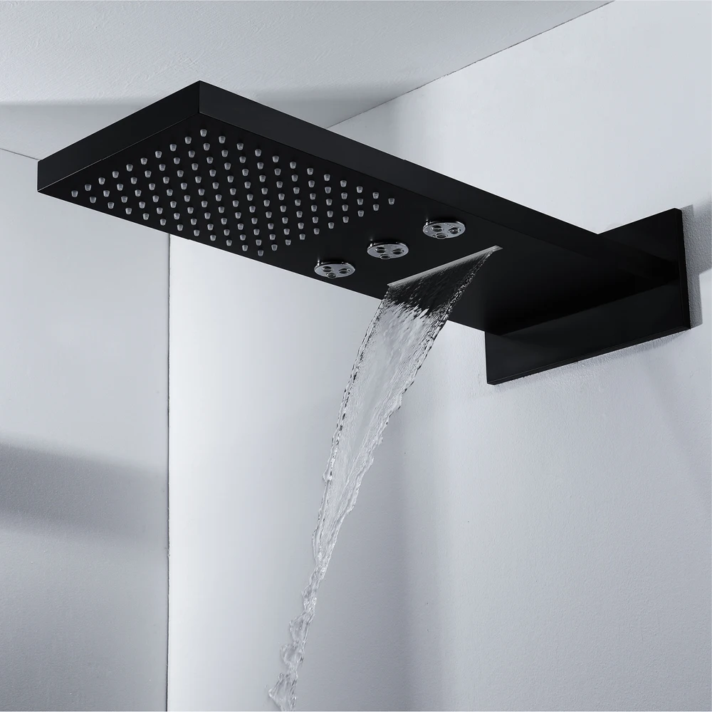 Rainfall Showerheads Black Thermostatic Shower Faucets Set Wall Mounted Bathroom Waterfall Shower Set