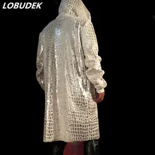 Для ночного клуба, для мужчин, серебристо-белое длинное пальто, плащ в стиле панк, стильная модная верхняя одежда для мужчин, певица, хип-хоп, сценический наряд, костюмы