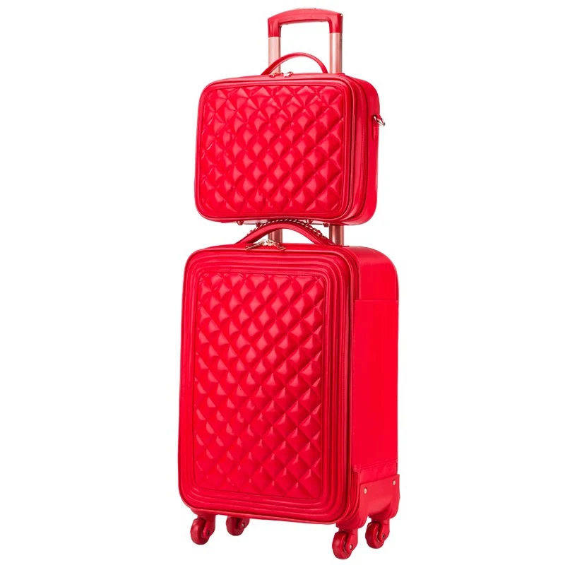 FirstMeet Fashion retro trolley suitcase 16/20/24 inch women men PU leather travel suitcase bag hand rolling luggage set valise - Цвет: Red(set)