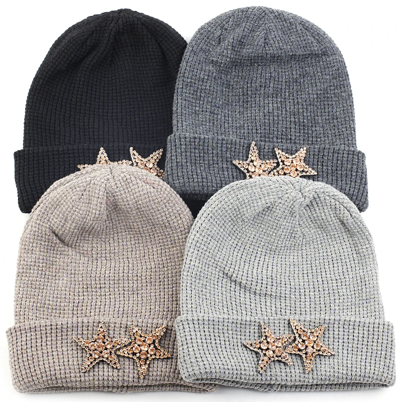 

Pure Color Fashion Casual Adult Cashmere Beanie Hat Autumn Winter Warm Skull Cap Pullover Cap Rhinestone Accessories