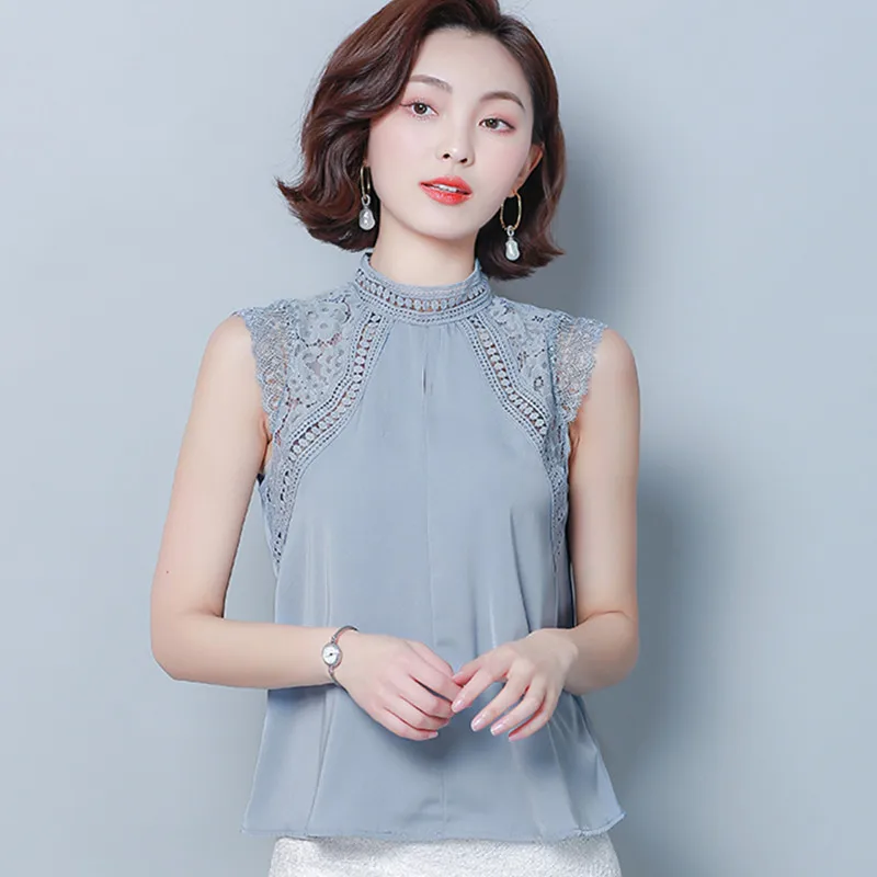 

Korean Fashion Chiffon Blouses Women Lace Hollow Out Blouse Tops Plus Size Woman Sleeveless Tops Shirt Blusas Mujer De Moda 2020