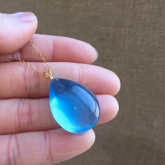 $ Natural Aquamarine Pendant Women Men Love Rare Brazil 28*22*12mm Blue Stone 18K Gold Crystal Water Drop Necklace Genuine AAAAAA