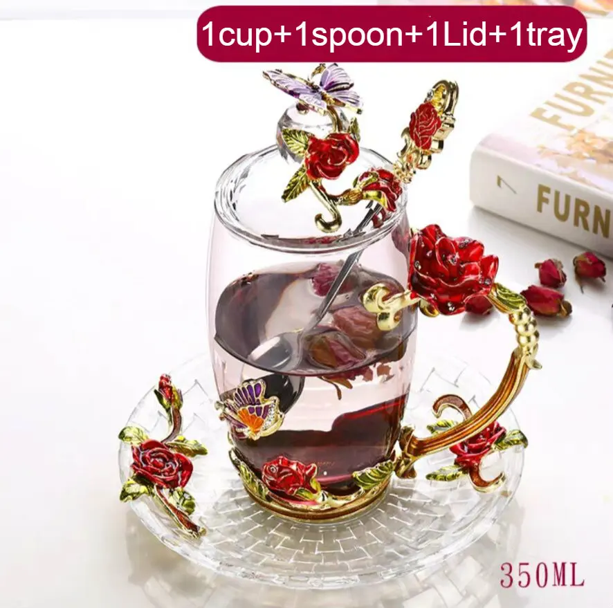 Красная роза, эмалированное стекло, кофейные кружки чашки для чая и кружки, ручной работы, термостойкие стаканы, стакан для воды, посуда для напитков, подарок для влюбленных, свадебная чашка - Цвет: 1cupspoon1lid1saucer