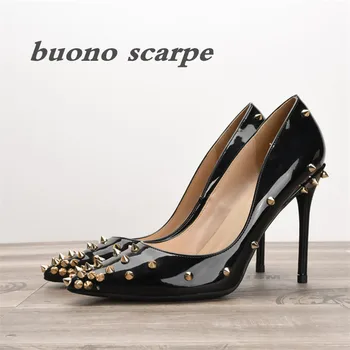 

Fashionable patent leather anti wolf nail pointed high heels sexy shallow mouth thin heel rivet high heels women's shoes