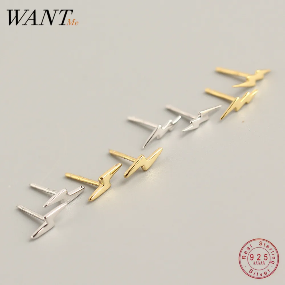 WANTME Genuine 100% 925 Sterling Silver Minimalist Mini Lightning Very Small Stud Earrings For Women Girls Personality Teen Gift