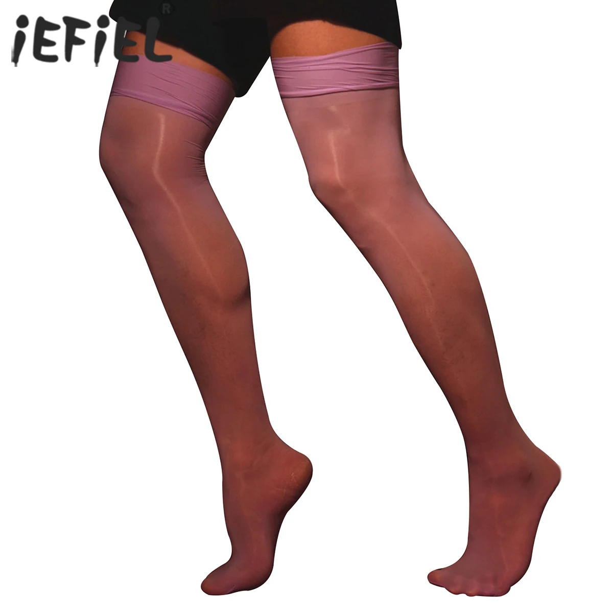 Sholeno Men Glossy See-Through Stockings Thin Shiny Solid Color Stretchy Sheer Thigh High Socks