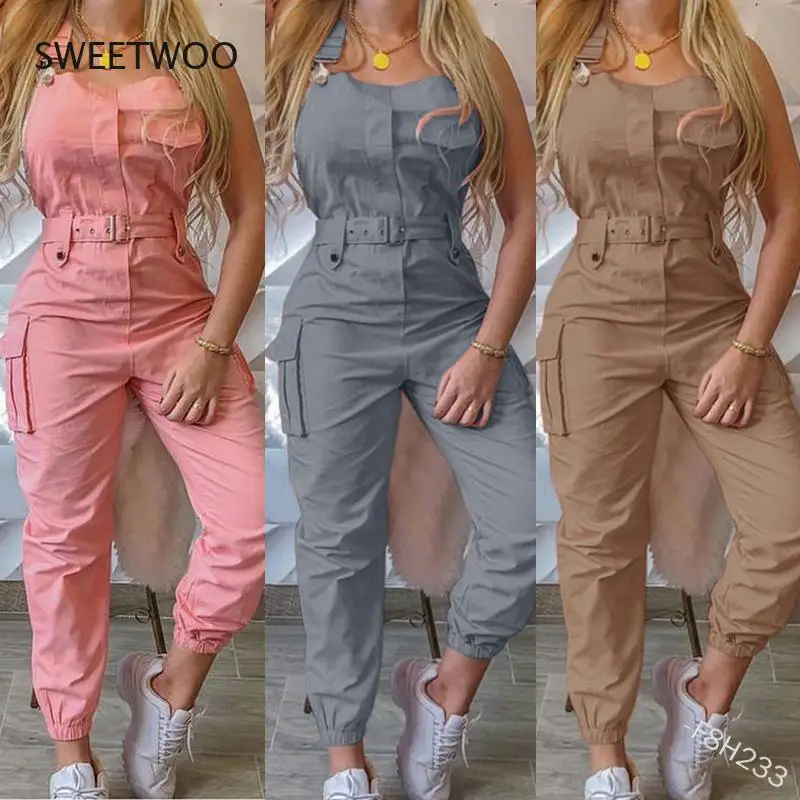 Strap Jumpsuit Women Loose Dungarees Long Rompers Summer Solid Pockets Cargo Pants Female Casual Work Out Playsuits new women cargo overalls casual loose solid rompers jumpsuit streetwear tie up sleeveless solid loose long pants with pockets