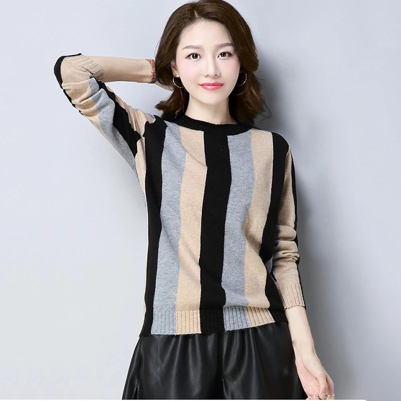 

2020 New stripe Knitted Women o-neck Sweater Pullovers Basic Women casual Sweaters long sleeve Pullover loose thin tops