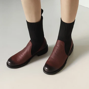 

2020 Newest Genuine Leather knitting Women's Ankle Boots Fashion Platform Chunky low Heels Pumps Working Prom Shoes Woman