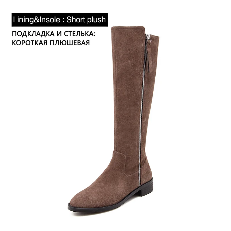 Brown Short plush Donna-in/; сапоги до колена из натуральной кожи; женские зимние высокие замшевые сапоги на каблуке; короткие плюшевые женские сапоги на молнии; Цвет черный, коричневый - Цвет: Brown Short plush