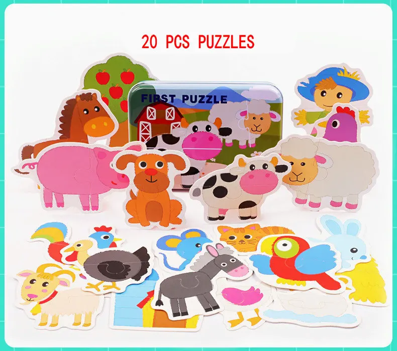 20 pieces Large puzzles Iron box packing, Early childhood educational enlightenment puzzle, 1-2-3 years old Paper puzzles toys