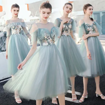 

Bridesmaid Dresses Embroidery Appliques A-Line Wedding Party Gowns V-Neck Short Sleeve Bandage Back Women Formal Vestidos R062